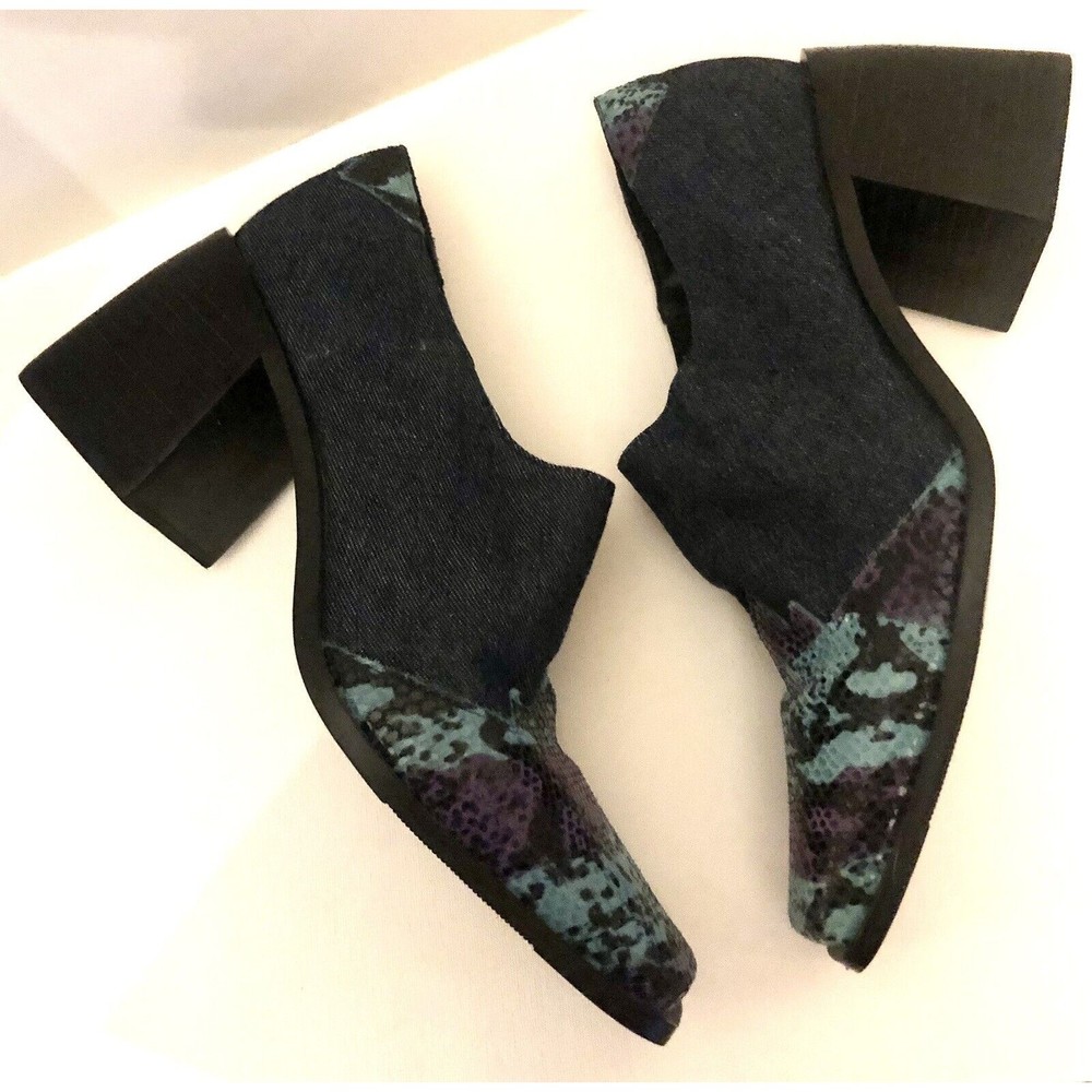 Two Lips 7.5M Leather Fabric Chunky Heel Slip On Square Toe Lavender Blue Lizard